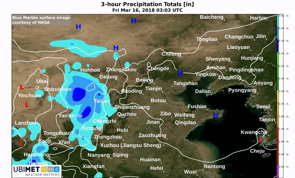 Die Schneefront (in blau) überquert Peking © UBIMET