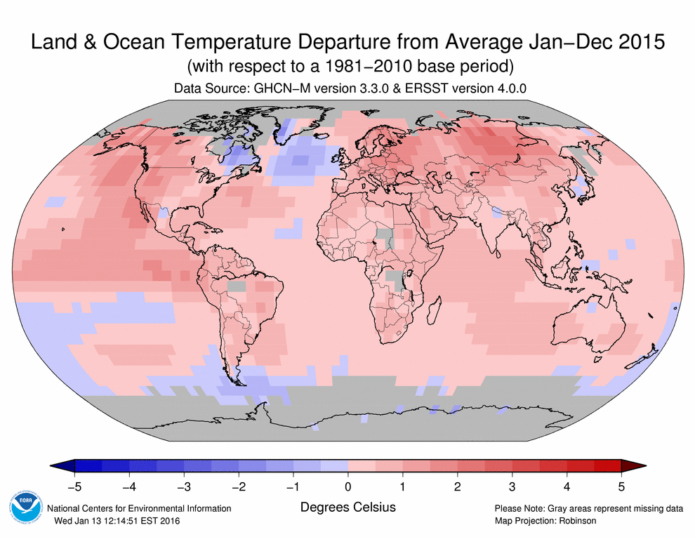 Abweichung der Temperatur zum Mittel im 2015. © NOAA
