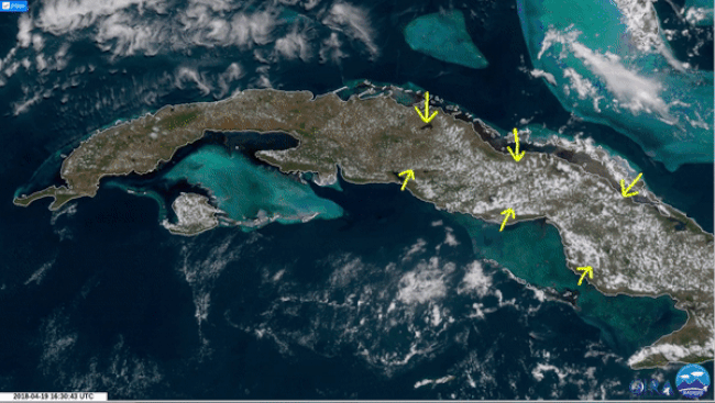 Eine Seewind-Konvergenz löst Gewitter auf Kuba aus.
