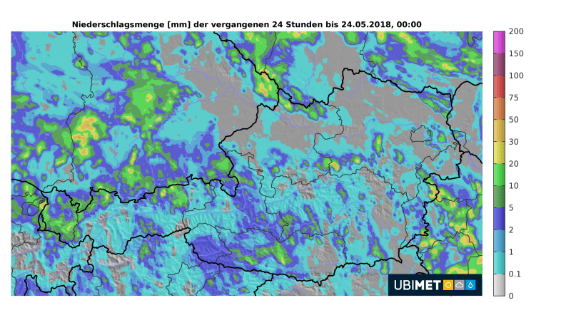 24-h-Niederschlagsmengen von Mittwoch. © UBIMET