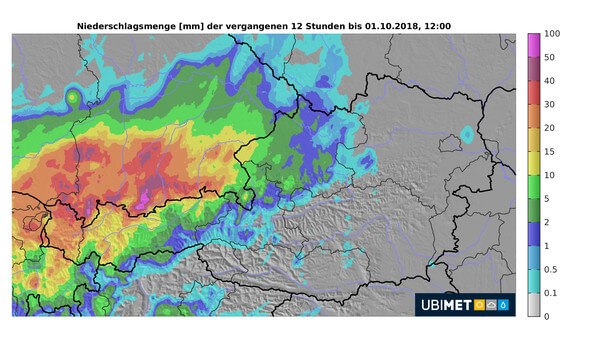 Gefallener Niederschlag über 12 Stunden bis Montagmittag, 12:00 Uhr (01.10.2018) @ UBIMET