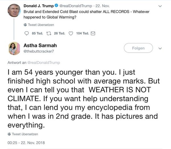 Twitter-Post des amerikanischen Präsidenten und Reaktion einer verblüfften Jugendlichen