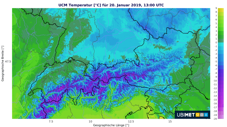 Prognostizierte Temperaturen für Sonntag, 20.01.2019 14 Uhr © UBIMET/UCM