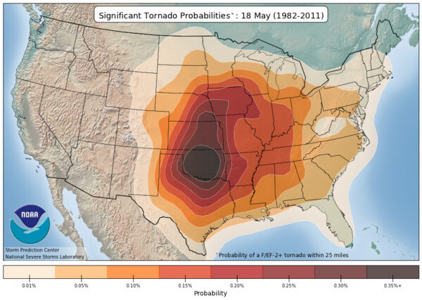 Wahrscheinlichkeit für starke Tornados im Mai.