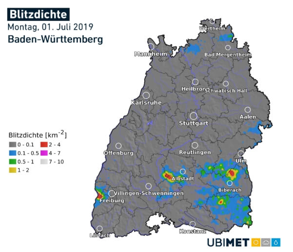 Blitzdichte am Montag in Baden-Württemberg. © UBIMET / nowcast