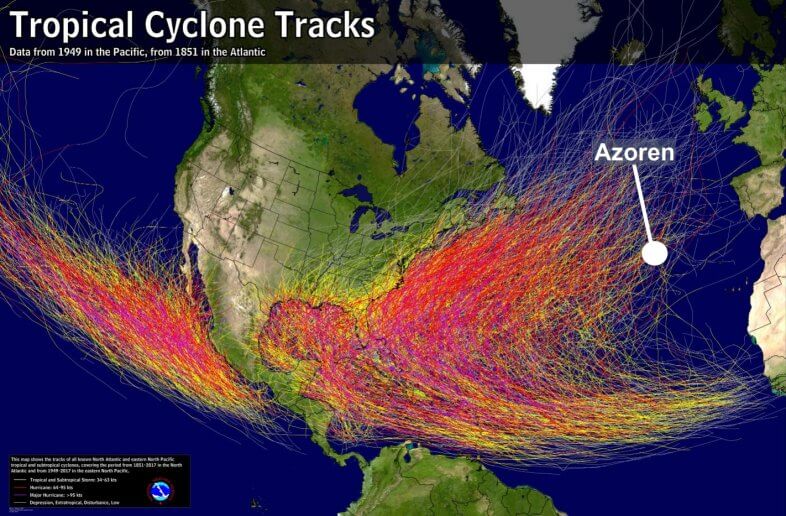 Alle Hurrikanzugbahnen auf dem Atlantik seit 1851.