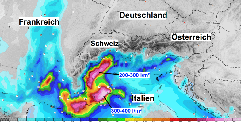 Massive Regen- und Schneemengen in der Schweiz, Italien und Frankreich.