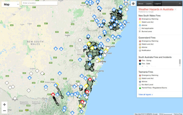 Aktuelle Waldbrände im Südosten Australiens @ http://google.org/crisismap/australia