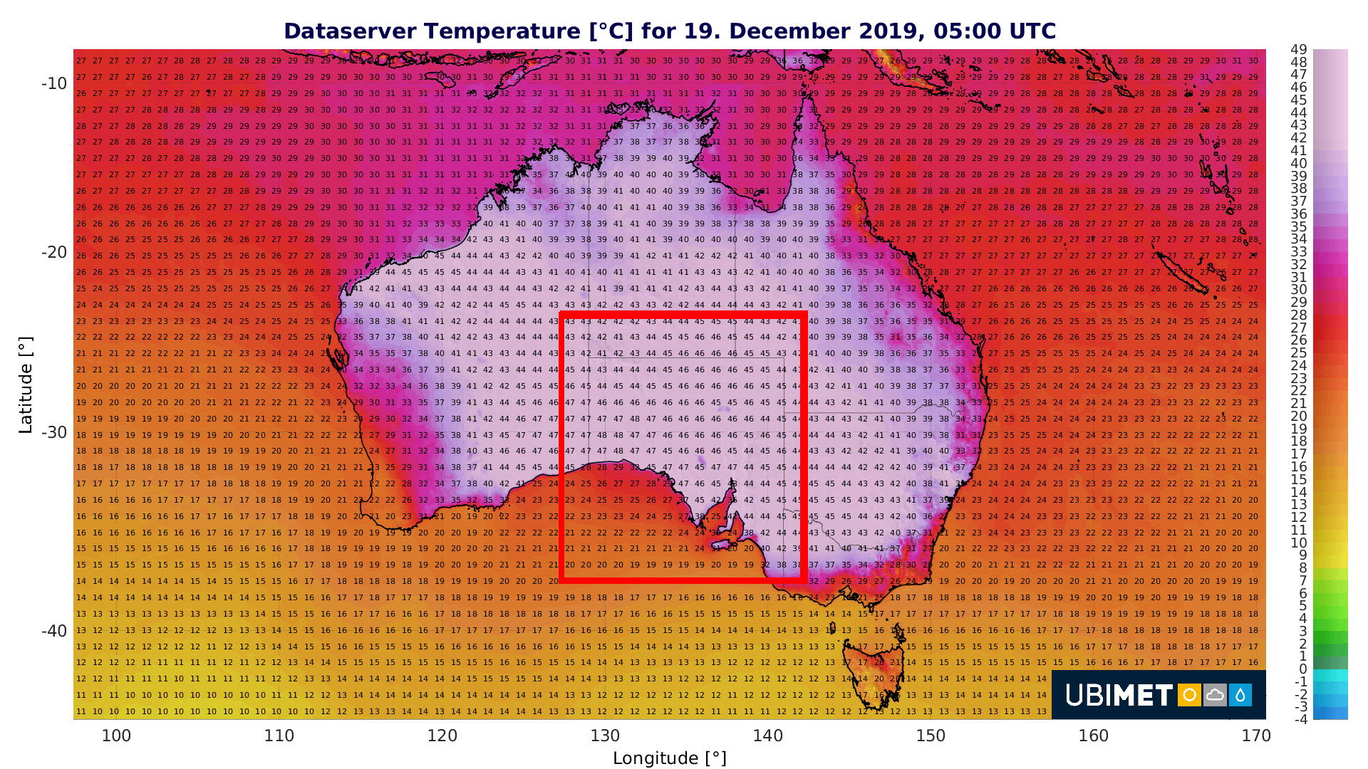 Temperaturvorhersage für Donnerstag, 19. Dezember 2019, 5:00 UTC. Quelle: UBIMET