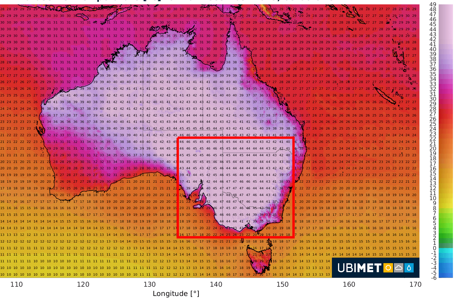 Höchsttemperaturen in Australien am Freitag, 6 UTC. Quelle/Daten: UBIMET