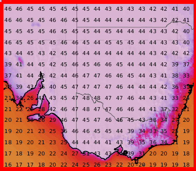 Höchsttemperaturen im Südosten Australiens am Freitag, 6 UTC. Quelle/Daten: UBIMET