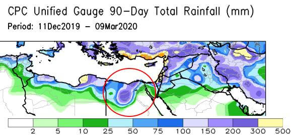 Die Niederschläge der letzten 90 Tage bis zum 09.03.2020 über Nordafrika - NOAA/CPC
