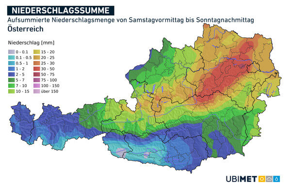 Prognose der aufsummierten Niederschlagsmenge von Samstagvormittag bis Sonntagnachmittag @ UBIMET