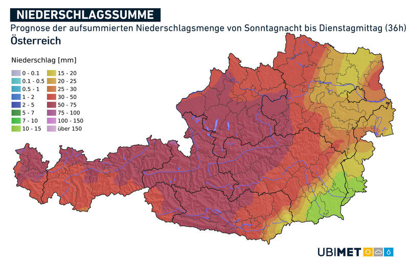 Prognose der aufsummierten Niederschlagsmenge von Sonntagnacht bis Dienstagmittag (36 h) @ UBIMET