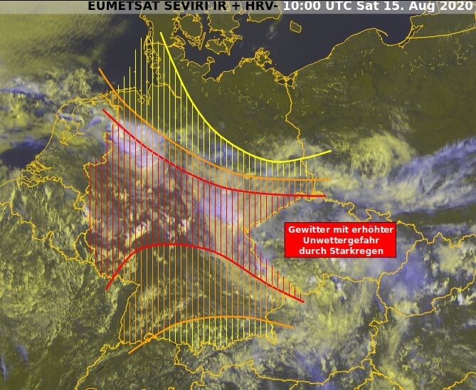 Satellitenbild um 12 Uhr MESZ und Gewittergefahr am Samstag, 15.08.2020 - UBIMET, EUMETSAT