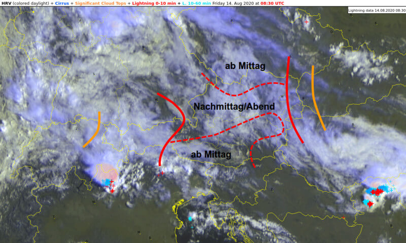 Satellitenbild von 10 Uhr mit eingezeichneten Regionen für Gewitter- und Unwettergefahr am Freitag, den 14.08.2020 @ UBIMET, EUMETSAT