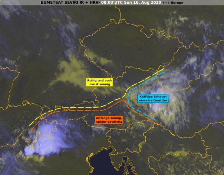 Satellitenbild um 10 Uhr MESZ und Wetter für heute - EUMETSAT, UBIMET