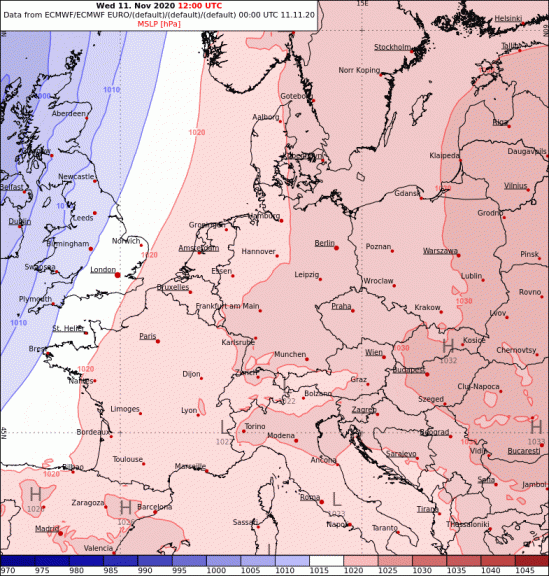 Animation der Bodendruck-Verteilung über Europa von Mittwoch 11.11. bis Montag 16.11. - ECMWF, UBIMET