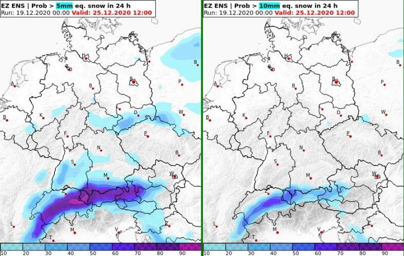 Wahrscheinlichkeit für Schnee zu Weihnachten (mehr als 5cm links, 10cm rechts) nach dem ECMWF probabilistischen Modell - UBIMET