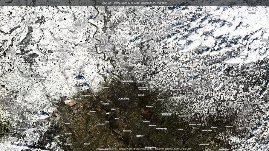 Schneefreie Kölner Bucht am 11.02.2021 - ESA Sentinel2 / EO Browser