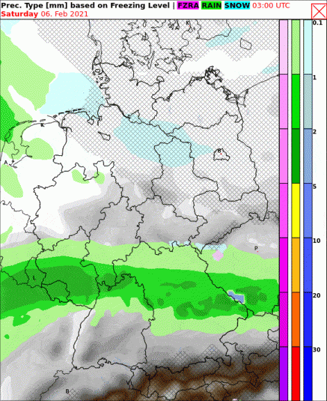 Animation (klicken zum Starten/Vergrößern) der zu erwartenden, 3-stündigen Niederschläge von Samstag 1 Uhr bis Montag 1 Uhr (grün=Regen, blau=Schnee, rosa=gefrierender Regen) - ECMWF, UBIMET