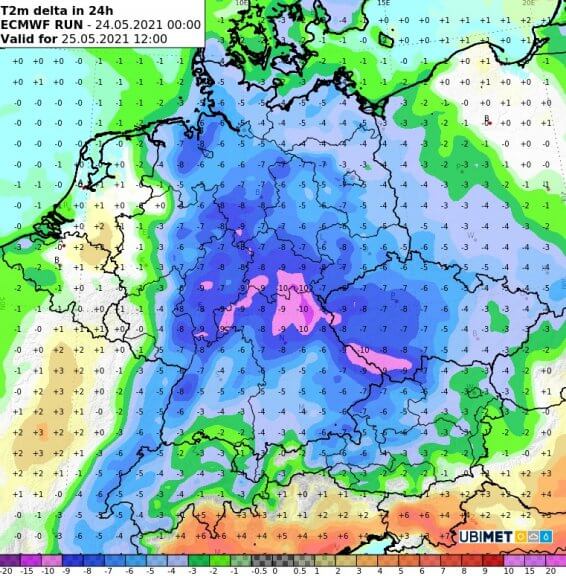 24h Temperaturdifferenz zwischen Pfingstmontag und Dienstag um 14 Uhr MESZ - ECMWF IFS Modell, UBIMET