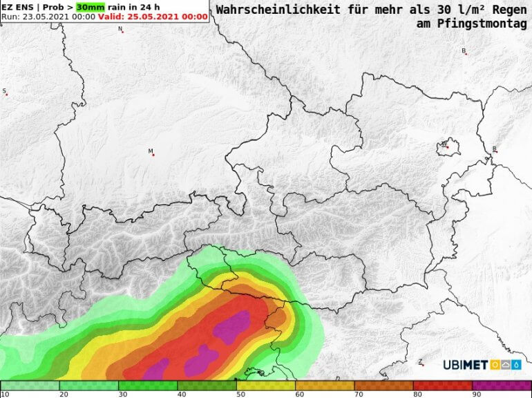 Wahrscheinlichkeit für mehr als 30 l/m² Regen in 24 Stunden am Pfingstmontag - ECMWF IFS Ensemble Modell, UBIMET