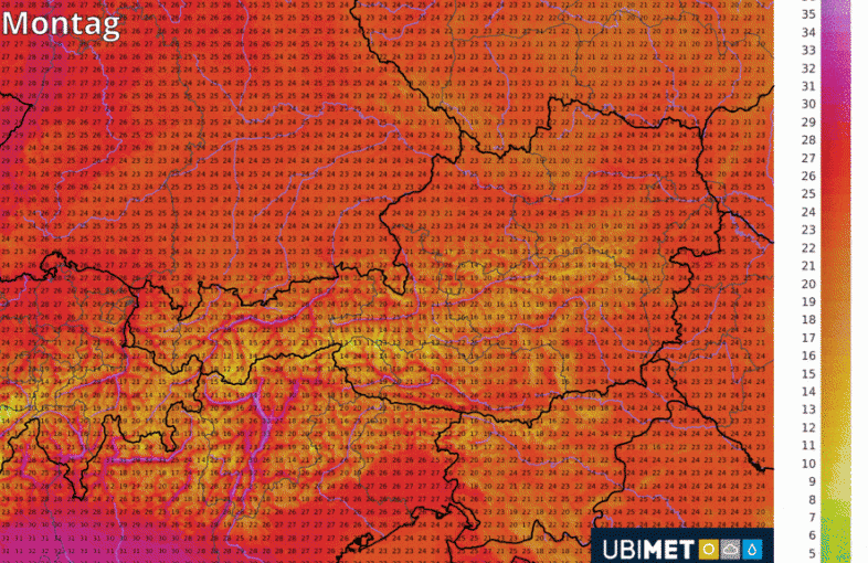 Animation der prognostizierten Temperaturhöchstwerte von Montag bis Freitag (klicken, um zu vergrößern) - UBIMET UCM Modell