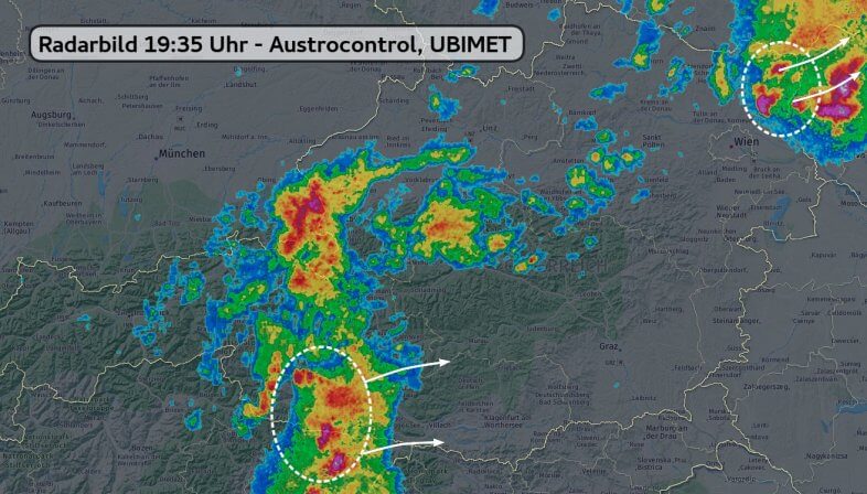 Radarbild 19:35 Uhr - Austrocontrol, UBIMET