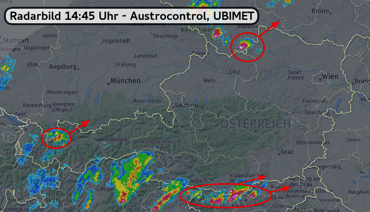 Radarbild um 14:45 Uhr - Austrocontrol, UBIMET