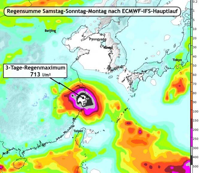 Regensumme bis inklusive Montag. Nach derzeitigem Stand können südlich von Shanghai enorme Wassermassen fallen, die Prognose ist aber noch unsicher - ECMWF-IFS