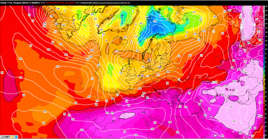 Wetterlage in den kommenden 9 Tagen in und um Europa (rötliche Farben = warme Luftmassen) - ECMWF IFS-Modell, UBIMET