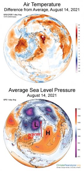 2m Temperaturanomalie (oben) und reduzierte Luftdruck (unten) am 14. August 2021 - https://nsidc.org/, ClimateReanalyzer.org