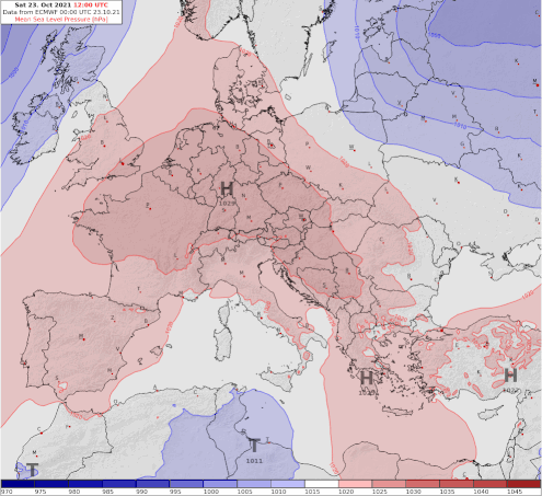 Animation der Luftdruckverteilung über Europa von Samstag 23.10. bis Mittwoch 27.10. - ECMWF IFS Modell, UBIMET