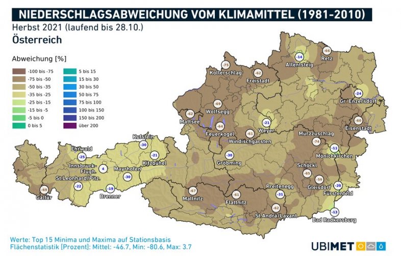 Niederschlagsanomalie für den Herbst bis zum 28.10.2021 - UBIMET, ZAMG