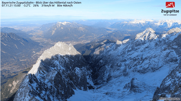Vergleich Hochnebel und klare Verhältnisse, Blick von der Zugspitze nach Osten. 7. und 8.11.2021 (Quelle: foto-webcam.eu)