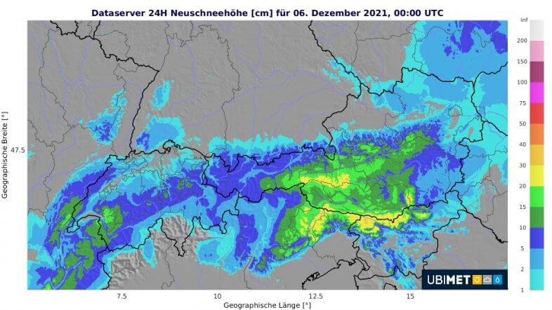 Neuschneemenge am Sonntag - UBIMET UCM-Modell