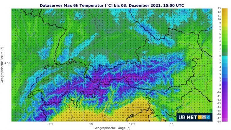 Prognose der Temperaturmaxima am Freitag - UBIMET UCM-Modell
