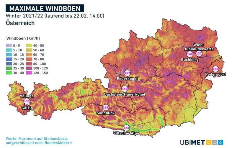 Maximale Windböen im bisherigen Winter 2021/2022 - UBIMET
