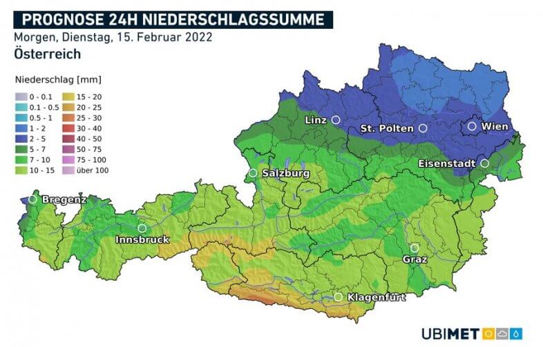 Prognose der Niederschlagssumme für den Dienstag - UBIMET