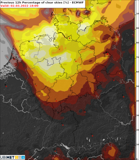 Animation der Prognose des täglichen Bedeckungsgrads von Mittwoch bis Sonntag (hell=sonnig) - ECMWF Model