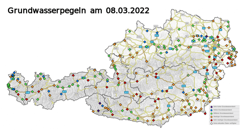 Grundwasserpegeln in Österreich am 8. März 2022 - https://ehyd.gv.at/#