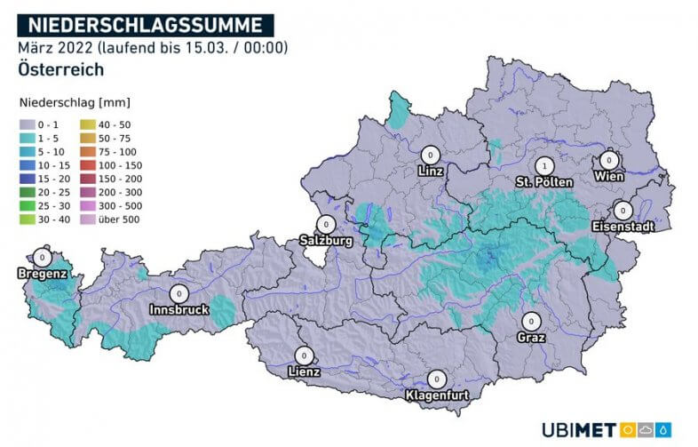 Niederschlagssumme für den März 2022 bis zum 14.03.2022 - UBIMET