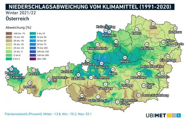 Niederschlagsabweichung vom langjährigen Mittel im Winter 2021/2022 - UBIMET