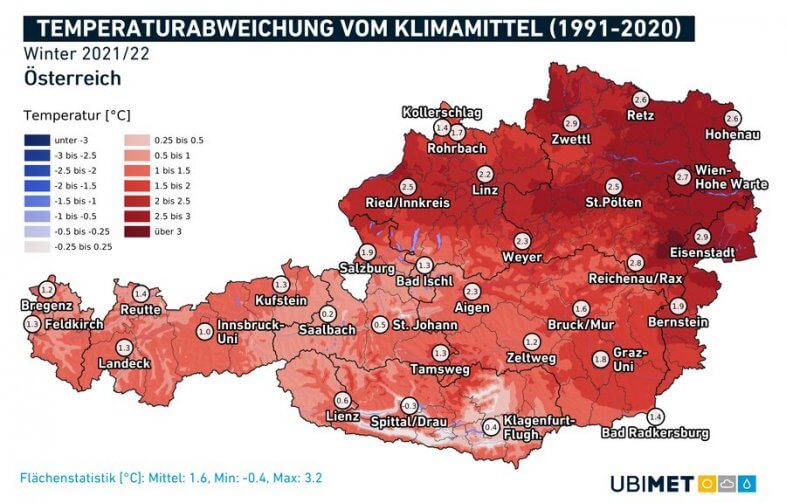 Temperaturabweichung vom langjährigen Mittel im Winter 2021/2022 - UBIMET