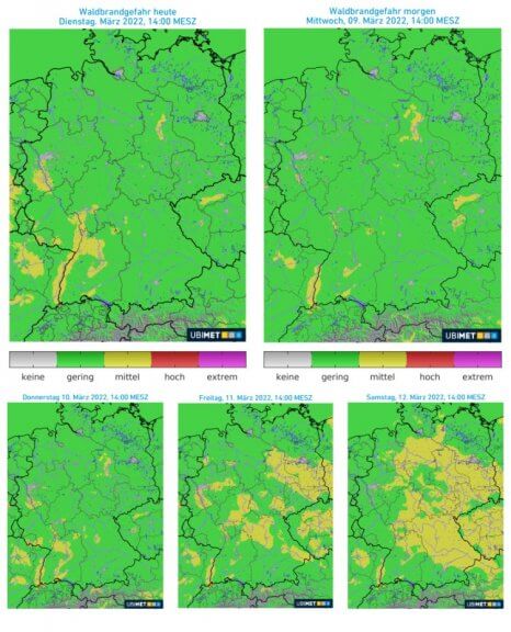 Prognose der (tendenziell steigenden) Waldbrandgefahr in den kommenden Tagen - UBIMET