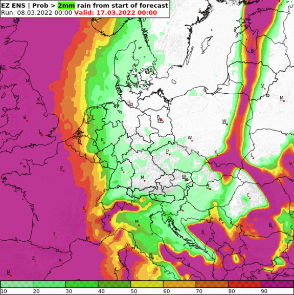 Wahrscheinlichkeit für mehr als 2 l/m² Niederschlag in den kommenden 10 Tagen (vom 08.03. bis zum 17.03.). Im Großteil Deutschlands bleibt es aller Voraussicht nach bis dahin meist trocken - UBIMET, ECMWF-ENS