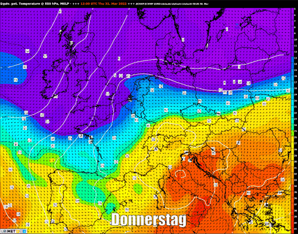 Animation der Großwetterlage über Europa von Donnerstag bis Sonntag (blau/violett = kalte Luft, gelb/rot = warme Luft) - UBIMET, ECMWF IFS Modell