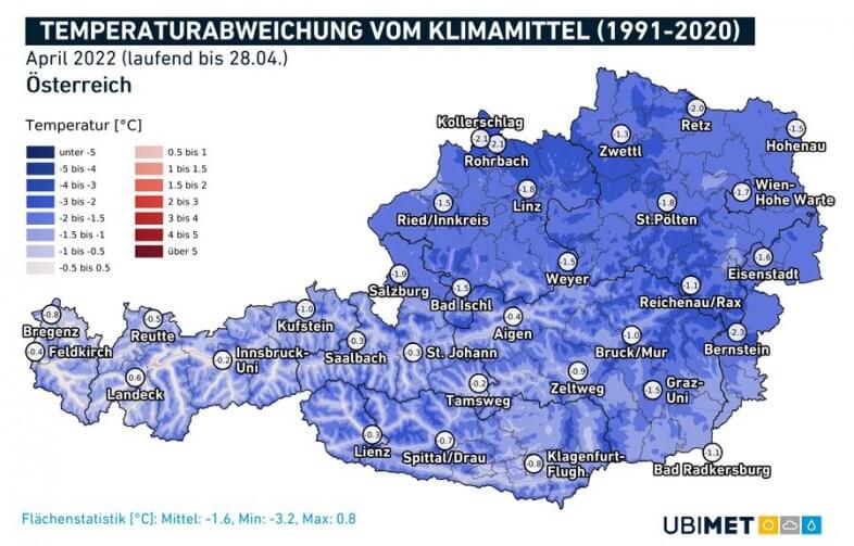 Temperaturabweichung im April 2022 - UBIMET