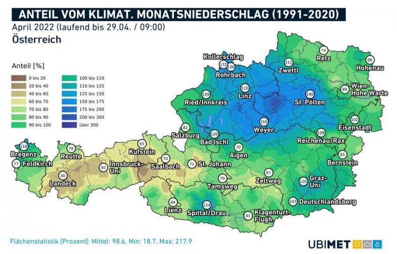 Anteil des klimatologischen Monatsniederschlags im April 2022 (%) - UBIMET